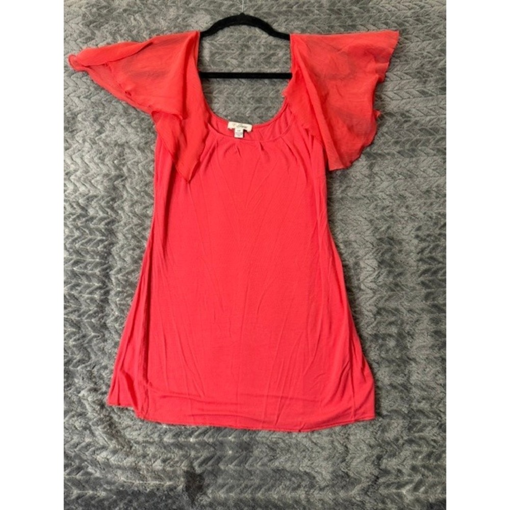 Guess Womens Coral Pink Flutter Sheer Sleeve Scoop Neck Knit Top Small 0257